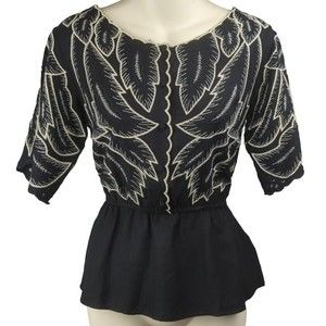 MAPLE Anthropologie Peplum Embroidered Top Leaf Print Black Cream XS 0